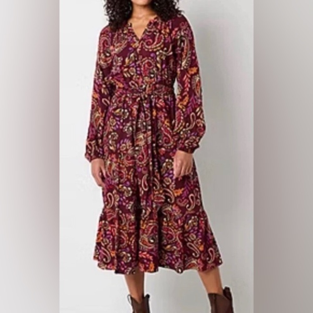 NEW St. John's Bay Long Sleeve Ruby Paisley Tiered Maxi Dress
